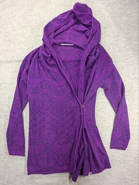 Athleta Organic Cotton Wool Purple Jacquard Demask Wrap Hooded Cardigan Sweater